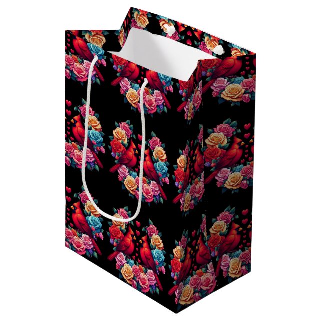 Two Cardinals with Colourful Roses and Hearts Medium Gift Bag (Front Angled)