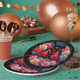 Two Cardinals with Colourful Roses and Hearts Paper Plate