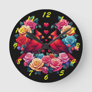 Two Cardinals with Colourful Roses and Hearts Round Clock