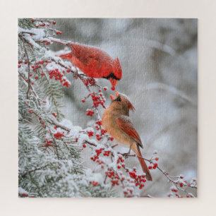 Two Cardinals with Red Berries in Winter Jigsaw Puzzle