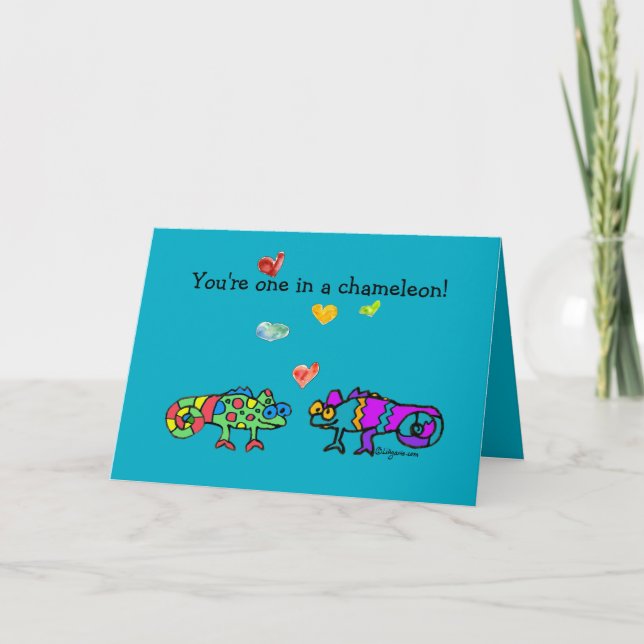 Two Cartoon Chameleon Blue Valentine Card (Front)