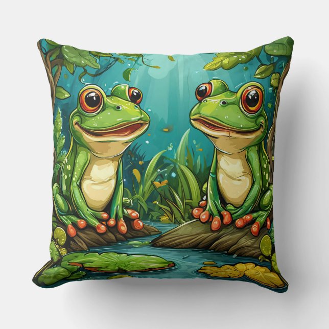 Two Cartoon Frogs Sitting in a Vibrant Forest Cushion (Front)