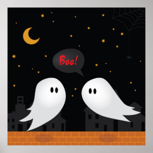 Two cartoon ghost in the city in a starry night poster