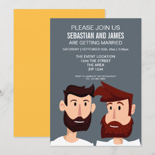 Two Cartoon Grooms With Beards Gay Wedding Themed Invitation