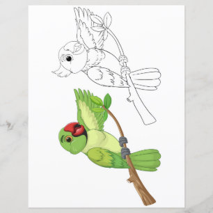Two cartoon parrots on a branch, one coloured, one
