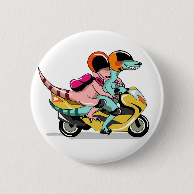 Two Cartoon Raptors Riding A Motor Scooter. 6 Cm Round Badge (Front)