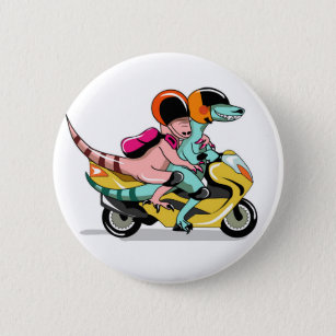 Two Cartoon Raptors Riding A Motor Scooter. 6 Cm Round Badge