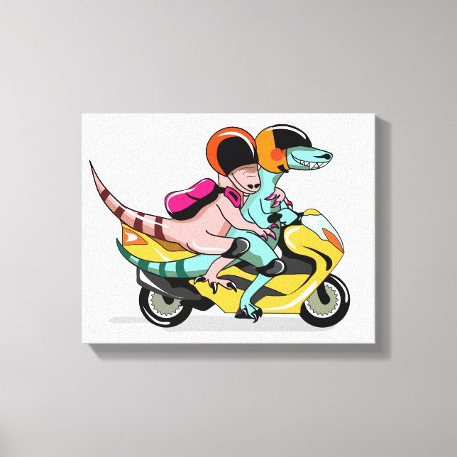 Two Cartoon Raptors Riding A Motor Scooter. Canvas Print (Front)