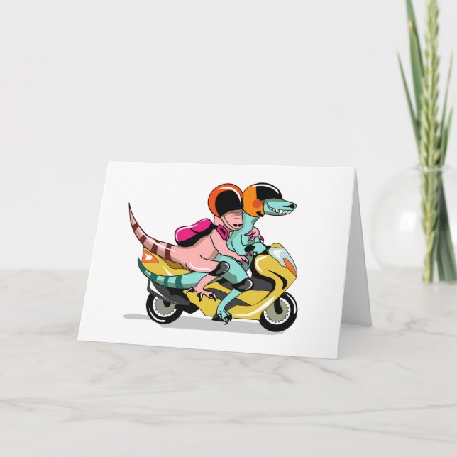 Two Cartoon Raptors Riding A Motor Scooter. Card (Front)