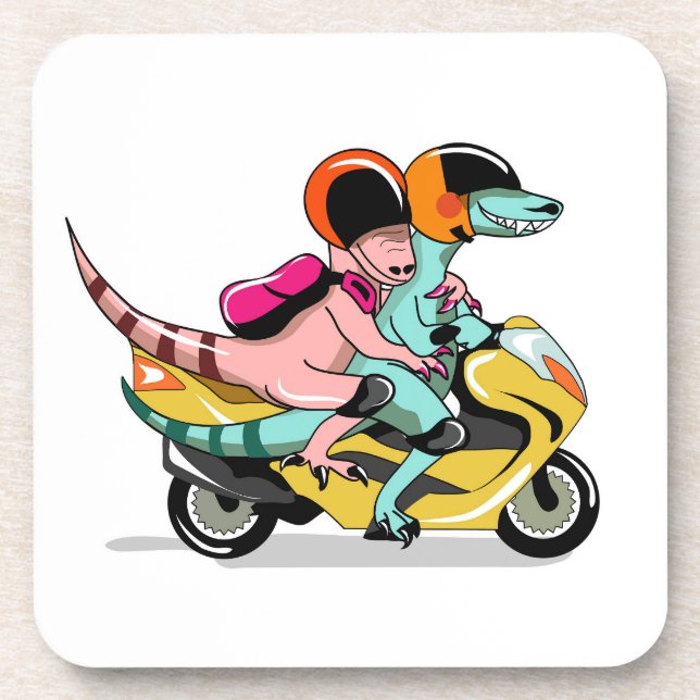 Two Cartoon Raptors Riding A Motor Scooter. Coaster (Front)