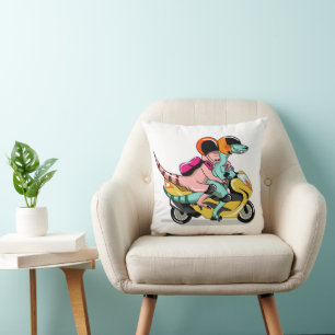 Two Cartoon Raptors Riding A Motor Scooter. Cushion