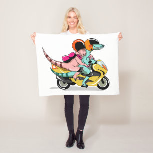 Two Cartoon Raptors Riding A Motor Scooter. Fleece Blanket