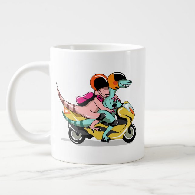 Two Cartoon Raptors Riding A Motor Scooter. Large Coffee Mug (Left)