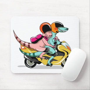 Two Cartoon Raptors Riding A Motor Scooter. Mouse Mat