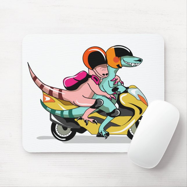 Two Cartoon Raptors Riding A Motor Scooter. Mouse Mat (With Mouse)