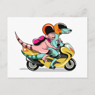 Two Cartoon Raptors Riding A Motor Scooter. Postcard