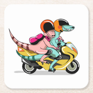 Two Cartoon Raptors Riding A Motor Scooter. Square Paper Coaster