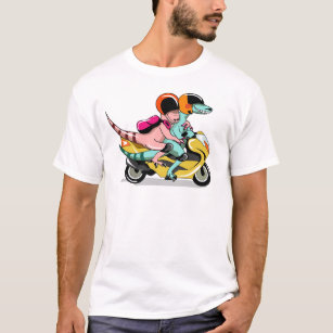 Two Cartoon Raptors Riding A Motor Scooter. T-Shirt