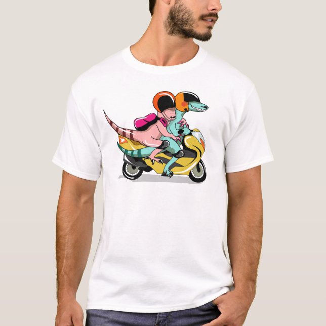 Two Cartoon Raptors Riding A Motor Scooter. T-Shirt (Front)