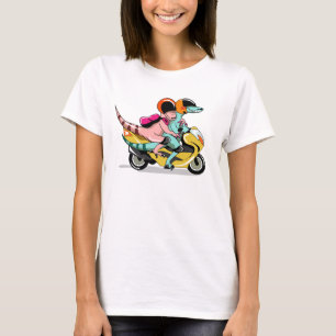 Two Cartoon Raptors Riding A Motor Scooter. T-Shirt