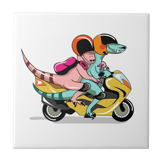 Two Cartoon Raptors Riding A Motor Scooter. Tile (Front)