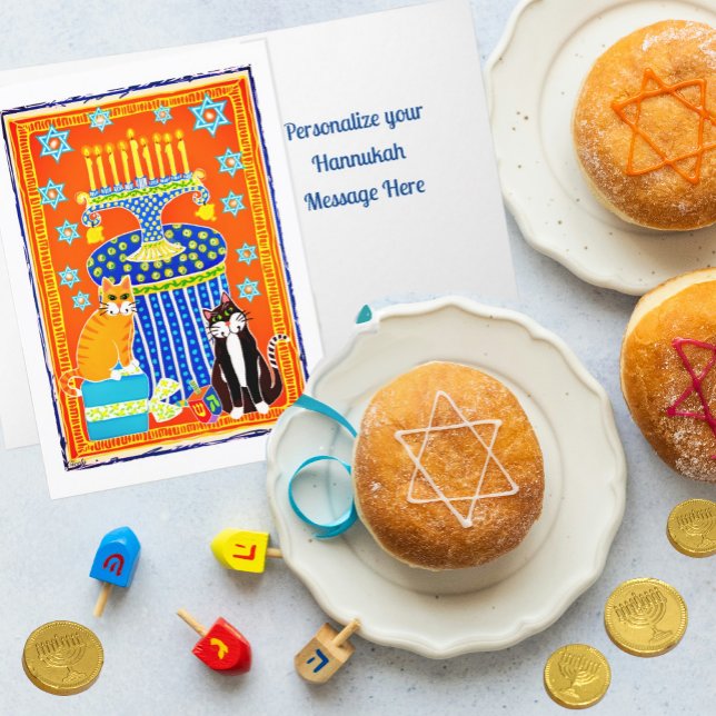 Two Cats Celebrate Hanukkah Personalised Holiday  (Personalize your special Hanukkah message in side this cute cat card!)