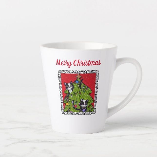 Two Cats Climbing in Decorated Christmas Tree Latte Mug (Right)