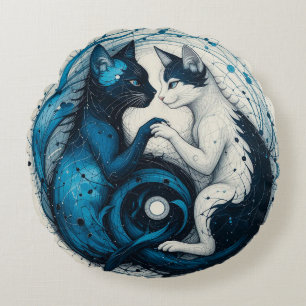 Two Cats Depicting Balance and Harmony in Yin-Yang Round Cushion