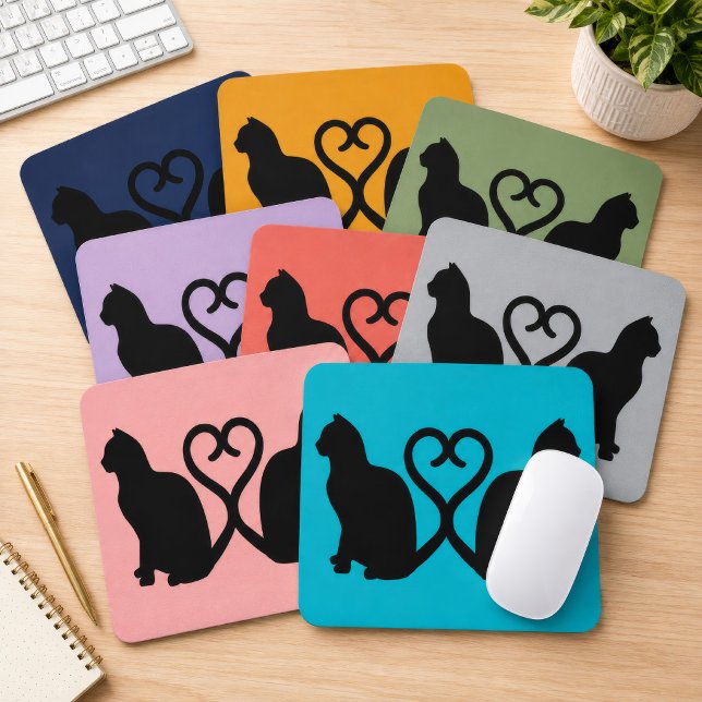 Two Cats Heart Tail Silhouette Custom Colour Mouse Mat (Custom color two-cats mouse pad with heart tails, a sweet desk gift for cat lovers.)