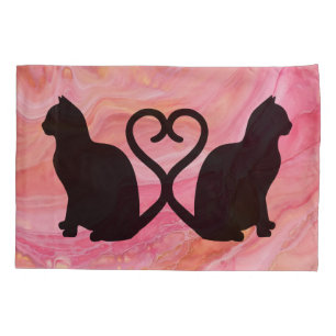 Two Cats Heart Tails on Pink Marble Pillowcase