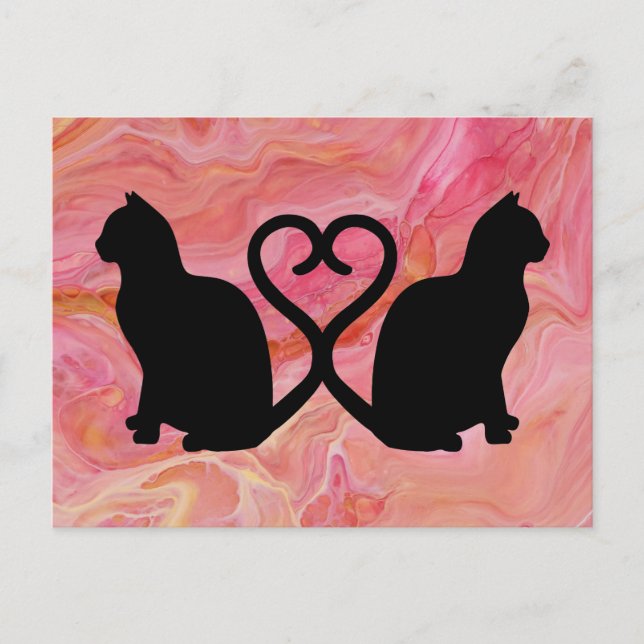 Two Cats Heart Tails on Pink Marble Postcard (Front)