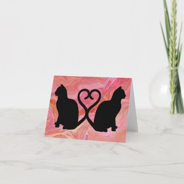 Two Cats Heart Tails on Pink Marble Thank You Card (Front)