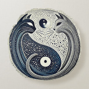 Two Cats in a Dotted Style Yin Yang Design Round Cushion