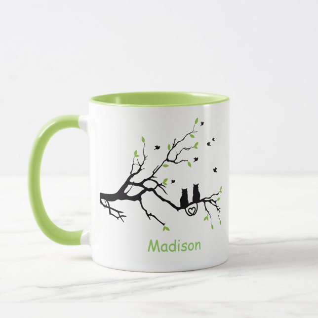 Two Cats In A Tree Black Green Love Personalised Mug (Left)