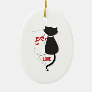 Two Cats in Love, Red, Black, Hearts Ceramic Tree Decoration