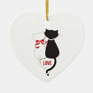 Two Cats in Love, Red, Black, Hearts Ceramic Tree Decoration