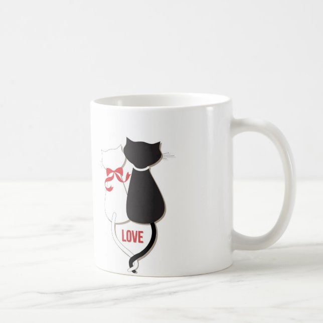 Two Cats in Love, Red, Black, Hearts Coffee Mug (Right)