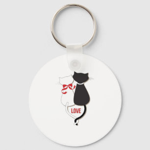 Two Cats in Love, Red, Black, Hearts Key Ring