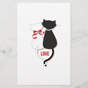 Two Cats in Love, Red, Black, Hearts Stationery