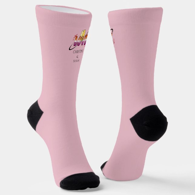 Two Cats In Love Sunset Lesbian Flag Socks (Angled)