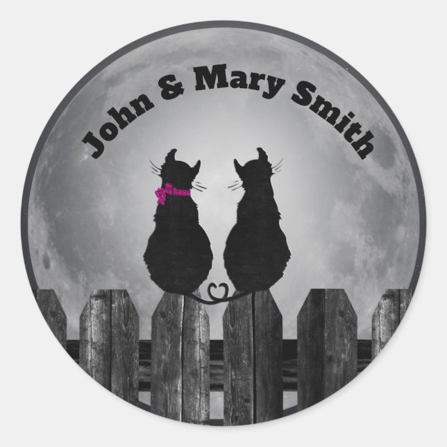 Two Cats in Moonlight With Names Classic Round Sticker (Front)