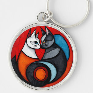 Two Cats in Vibrant Circular Design Key Ring