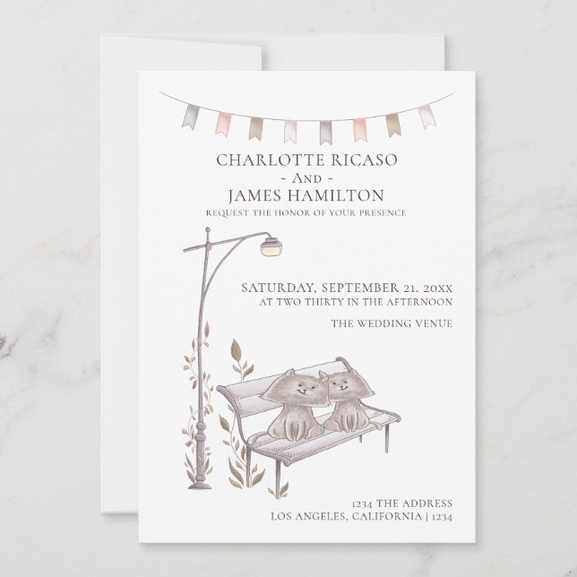 Two Cats on a Bench Animal Themed Wedding Announcement (Front)