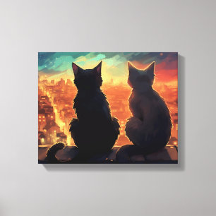 Two Cats on Rooftop Overlooking City at Night Canvas Print
