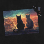 Two Cats on Rooftop Overlooking City at Night Jigsaw Puzzle<br><div class="desc">Experience the tranquillity of an urban nightscape with our meticulously designed "Two Cats on Rooftop Overlooking City at Night" jigsaw puzzle. This unique piece showcases the captivating beauty of a city skyline blended with the whimsical charm of feline companionship. Crafted with precision, the puzzle features two curious cats perched atop...</div>