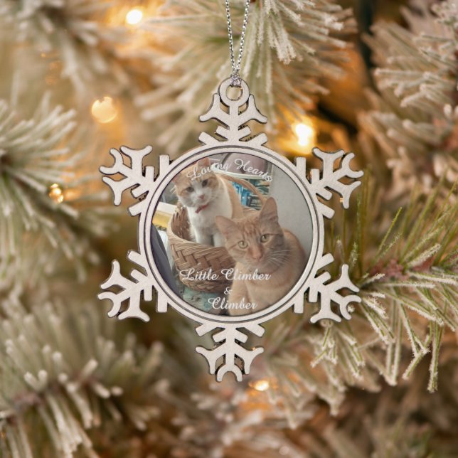 Two Cats Photo And Names,  Snowflake Pewter Christmas Ornament (Tree)