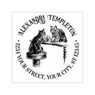 Two Cats playing Chess Match Name Return Address  Self-inking Stamp
