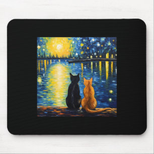 Two Cats Starry Night Lover Cat Art Painting Kitte Mouse Mat