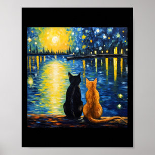 Two Cats Starry Night Lover Cat Art Painting Kitte Poster