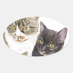 Two cats - tabby and tortie oval sticker